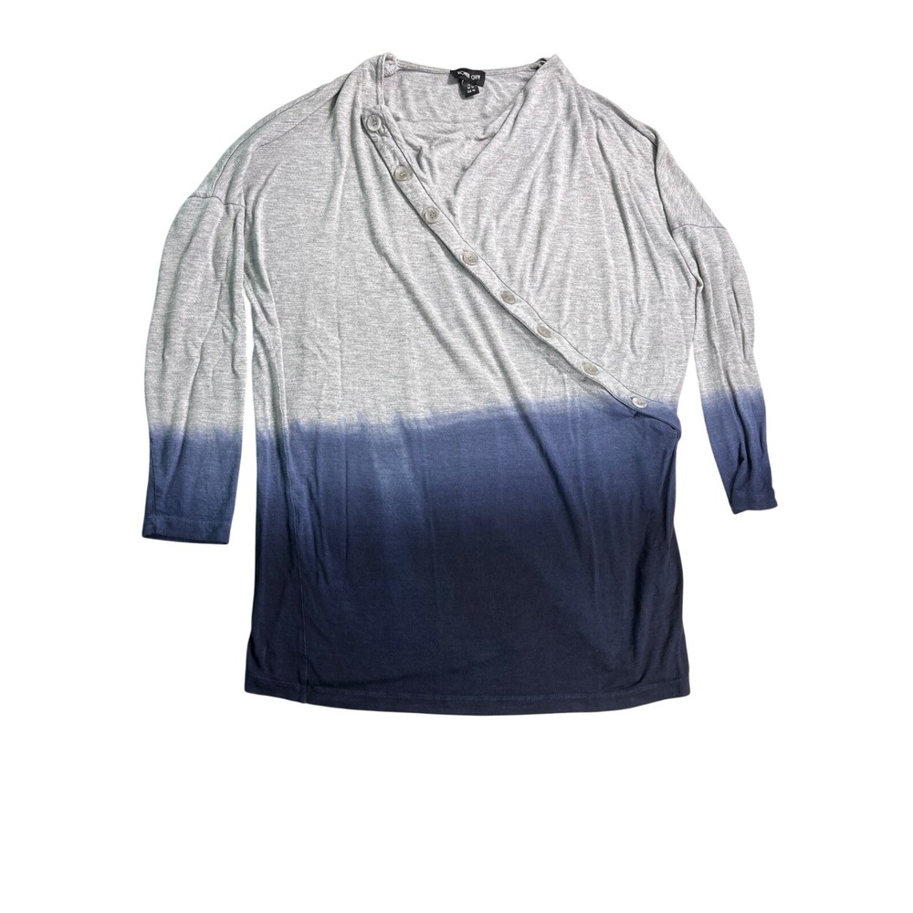 Ronen Chen Gray Navy Ombre Asymmetrical Button Tunic Top Women's 2 Long Sleeve